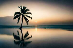 palm tree on the beach at sunset. AI-Generated photo
