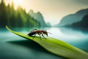 a bug on a leaf near a lake and mountains. AI-Generated photo