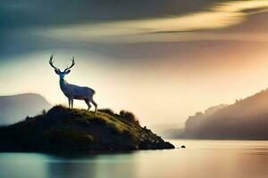 a deer stands on a small island in the middle of a lake. AI-Generated photo