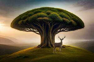 a deer stands under a tree with a large tree. AI-Generated photo