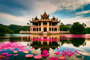 el hermosa palacio en Laos con loto flores generado por ai foto