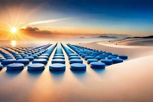 a large number of blue pill containers on the beach. AI-Generated photo