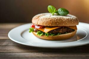 a hamburger on a plate with a leafy green herb. AI-Generated photo