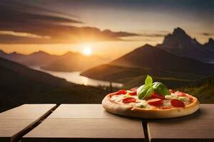 a pizza on a table with mountains in the background. AI-Generated photo