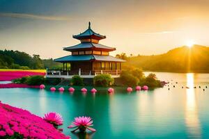 pagoda in the water with pink flowers. AI-Generated photo