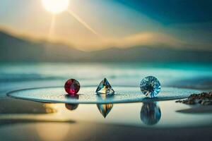 Tres diamantes son reflejado en el agua. generado por ai foto