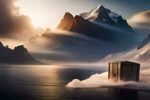 a small wooden box floating in the middle of a lake. AI-Generated photo