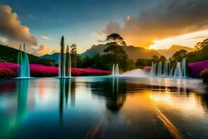 photo wallpaper the sky, flowers, water, mountains, sunset, waterfalls, flowers, water. AI-Generated