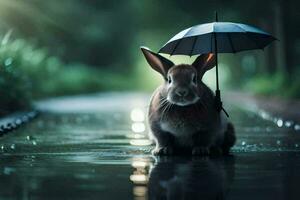 a rabbit is sitting in the rain with an umbrella. AI-Generated photo
