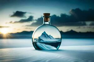 an ice bottle with a mountain in it. AI-Generated photo