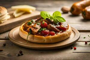 un pequeño Pizza con carne y vegetales en un de madera mesa. generado por ai foto