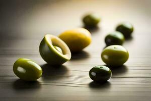 green olives on a wooden table. AI-Generated photo