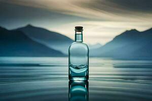 a bottle of water sits on the water with mountains in the background. AI-Generated photo