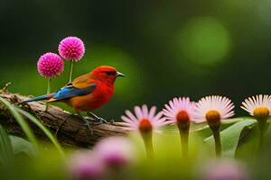 a colorful bird sits on a branch with pink flowers. AI-Generated photo