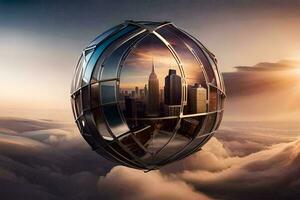 the city is reflected in a glass sphere. AI-Generated photo