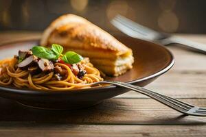 spaghetti with mushrooms and bread on a plate. AI-Generated photo