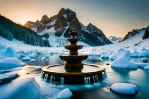 a fountain in the middle of a frozen lake. AI-Generated photo