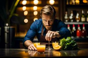 a man is making an orange juice at a bar. AI-Generated photo