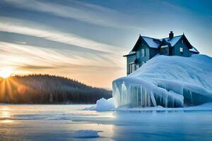 a house is covered in ice on the shore of a lake. AI-Generated photo