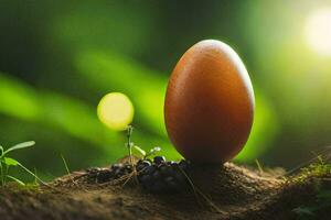 an egg sitting on top of a dirt mound. AI-Generated photo