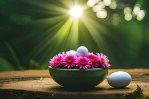 the sun is shining on the flowers and eggs. AI-Generated photo