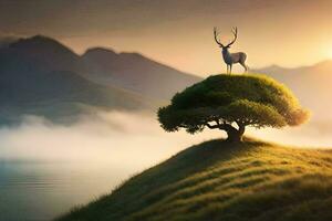 a deer stands on a hill overlooking a lake. AI-Generated photo