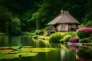 hermosa cabaña en el bosque por el lago. generado por ai foto