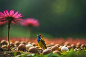 a bird in the field of eggs. AI-Generated photo