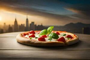 pizza with a view of the city. AI-Generated photo