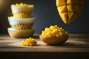 a person cutting up mangoes into small pieces. AI-Generated photo