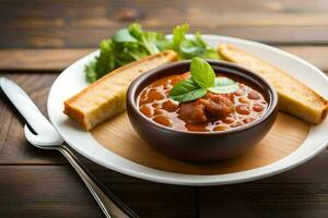 a bowl of stew with bread and a spoon on a wooden table. AI-Generated photo