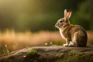 a rabbit sitting on a rock in the middle of a field. AI-Generated photo