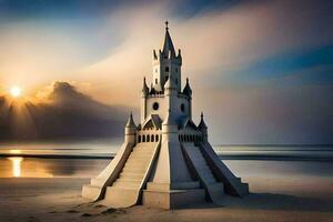 a castle on the beach at sunset. AI-Generated photo