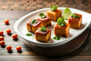 a plate of tofu cubes with tomatoes and herbs. AI-Generated photo