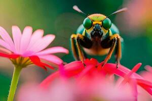 un verde y amarillo insecto en rosado flores generado por ai foto