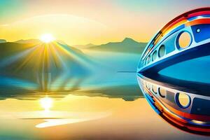 a boat is floating in the water with the sun setting behind it. AI-Generated photo