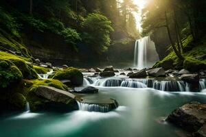 a waterfall in the forest with rocks and moss. AI-Generated photo