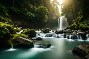 un cascada en el bosque con rocas y musgo. generado por ai foto