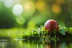 an egg sitting on top of grass in water. AI-Generated photo