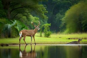 a deer and an alligator standing in a pond. AI-Generated photo