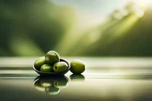 olives in a bowl on a table with sunlight. AI-Generated photo