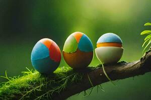 three painted eggs sitting on a branch. AI-Generated photo