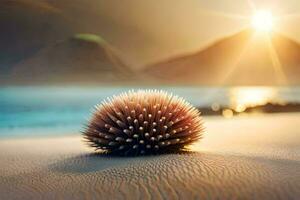 a spiky ball sits on the sand in front of the sun. AI-Generated photo