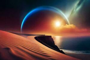 the sun is setting over a sand dune. AI-Generated photo