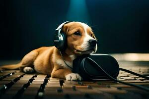 a dog wearing headphones on a keyboard. AI-Generated photo