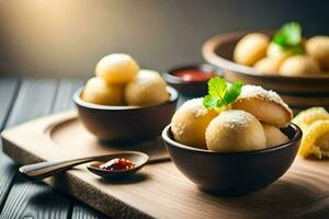 small bowls filled with potato balls on a wooden table. AI-Generated photo