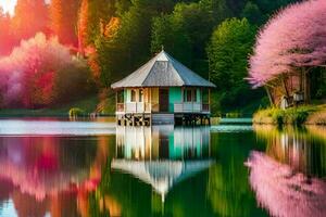a small house sits on the edge of a lake. AI-Generated photo
