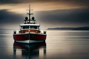 a red and white boat is floating in the water. AI-Generated photo