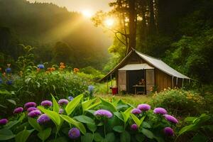 a small cabin in the middle of a field with flowers and trees. AI-Generated photo