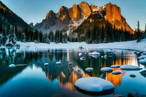 photo wallpaper the sky, mountains, water, snow, rocks, trees, reflection, the mountains. AI-Generated